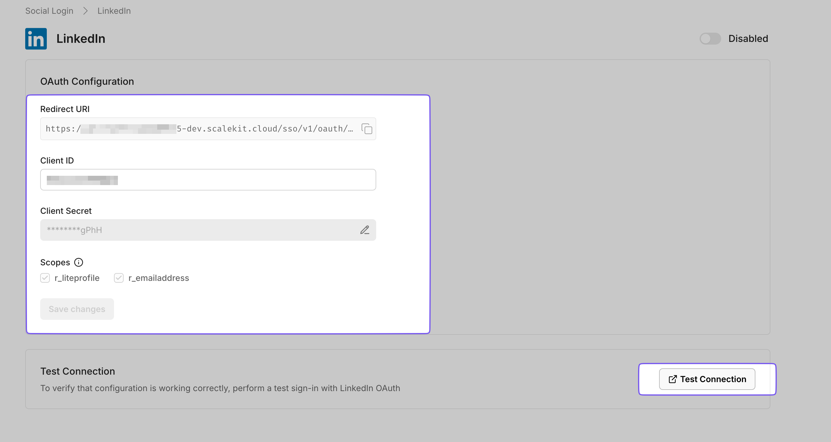 LinkedIn OAuth configuration for social login, showing redirect URI, client ID, and scopes for authentication.